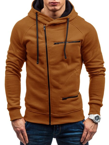 

Casual Solid Zipper Pockets Hoodie Sweatshirt, Camel, Hoodies&Sweatshirts
