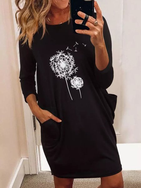 

Casual Dandelion Long Sleeve Basic Floral Dresses, Black, Mini Dresses