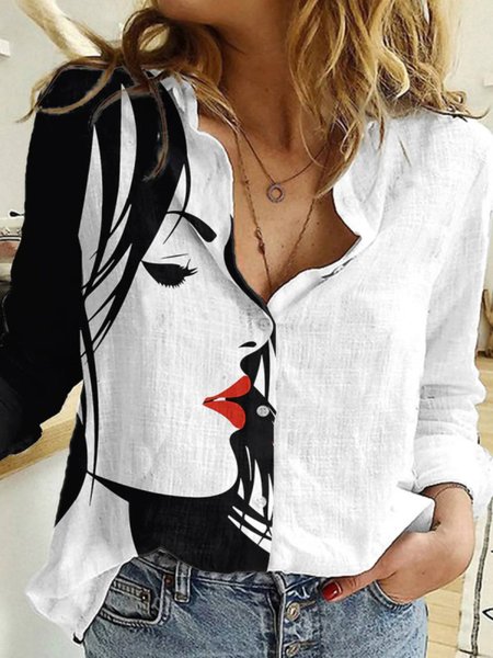 Scollo a V Maniche Lunghe Misto Cotone Stampato Top, Come immagine, Blouses & Shirts