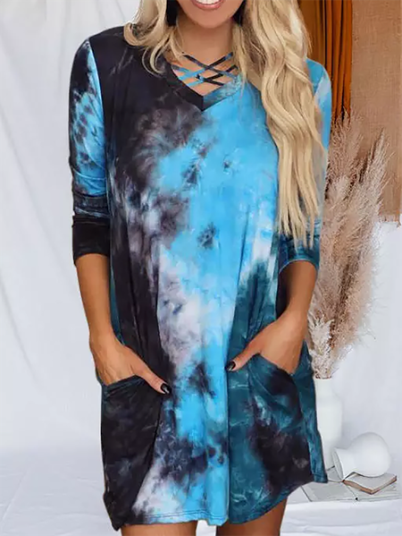 

Daily,Casual Tie Dye Pocket Criss-Cross V-Neck Long Sleeve Mini Dresses, Blue, Auto-clearance