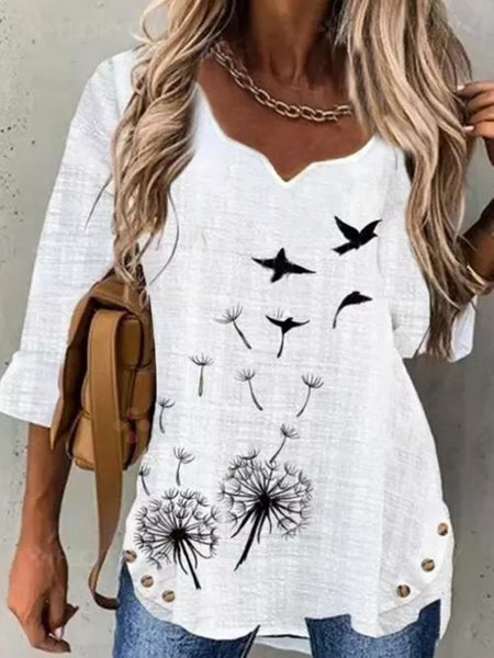 

Bianco Dente di leone Stampato Maniche Lunghe Casuale Scollo a V Top, Blouses & Shirts