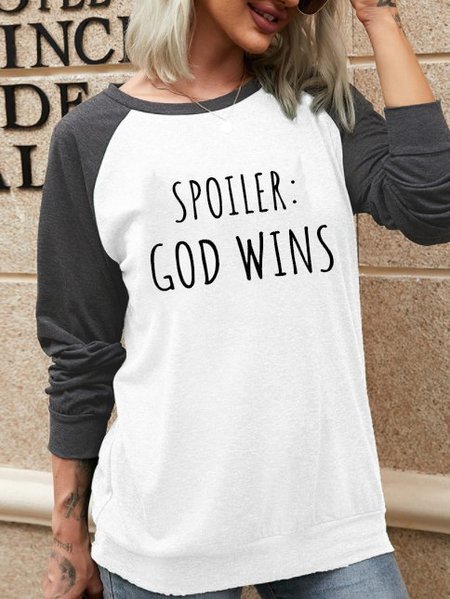 

SPOILER: GOD WINS fun text printing round neck stitching long-sleeved top, White, Long sleeves