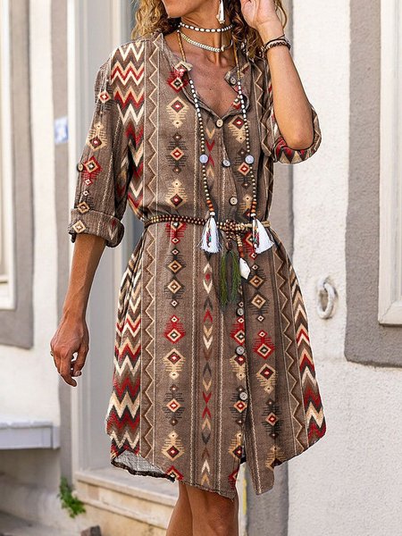 

Long Sleeve Cotton-Blend Casual Dresses, Brown, Mini Dresses