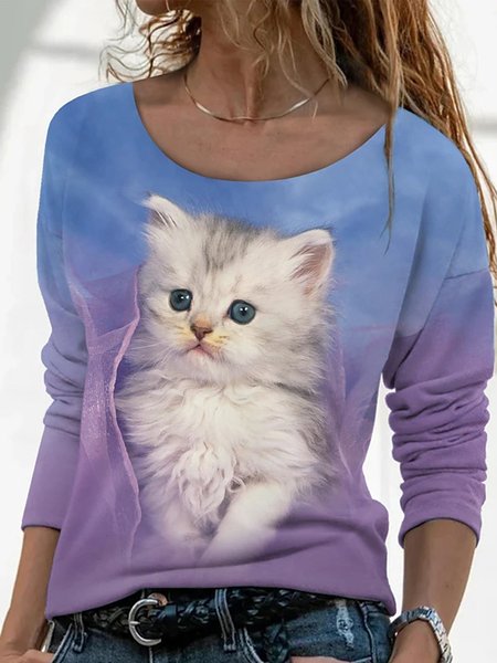 

Casual Printed Animal Long Sleeve Shirts & Tops, Purple, Tees & T-shirts