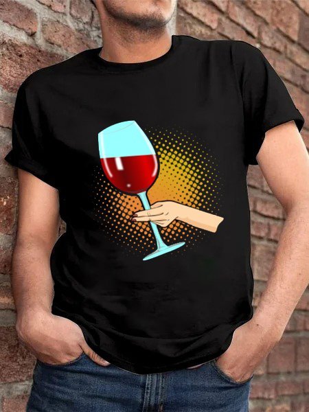 

Casual and simple wine glass fun printing round neck short-sleeved cotton T-shirt, Black, T-shirts
