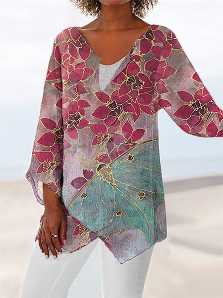 

Plus size Butterfly Floral Long Sleeve Shirts & Tops, Purple, Blouses & Shirts