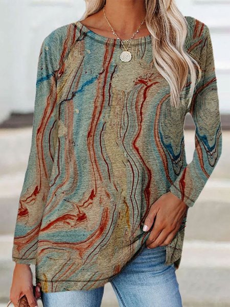 

Long Sleeve Printed Round Neck T-shirt, Multicolor, Blouses & Shirts