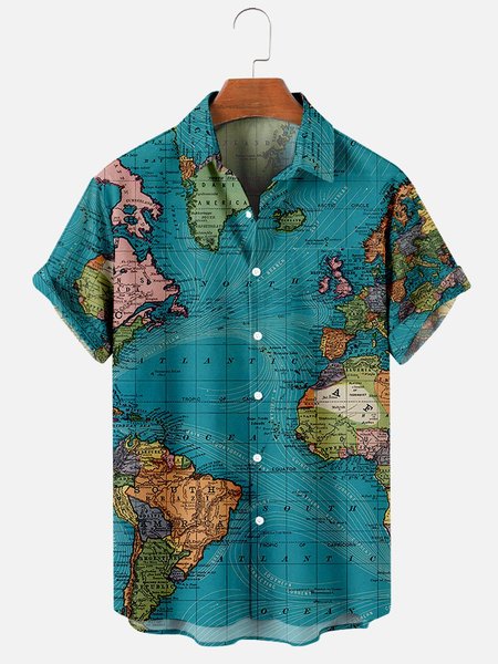 

Work Short Sleeve Map Casual Shirts, Blue, Men's Floral shirt