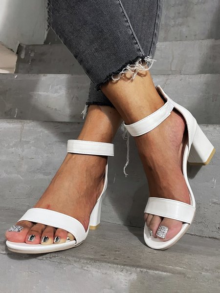 

Classic And Elegant Adjustable Button Plain Sandals With Thick Heels, White, Heels