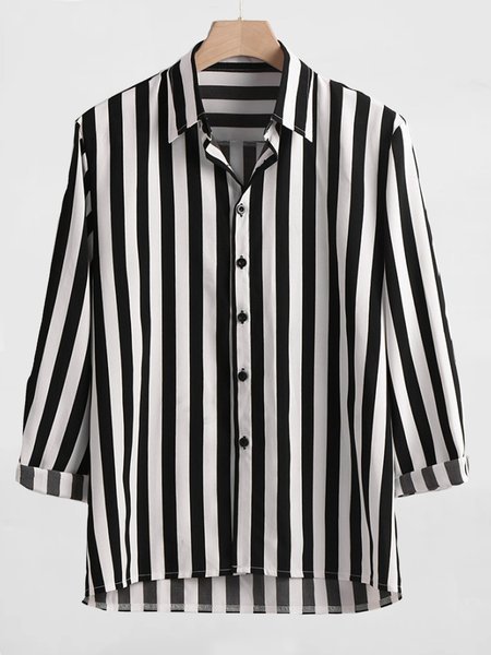 

Shirt Collar Cotton-Blend Striped Shirts & Tops, Black, Men's shirts