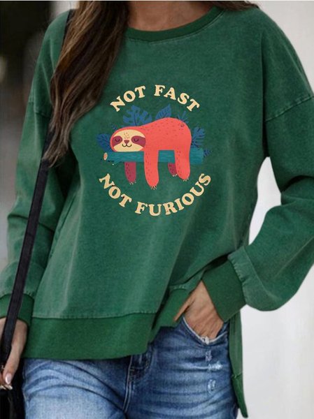

NOT FAST NOT FURIOUS Letter and sloth print round neck long-sleeved cotton-blend sweatshirt, Green, Hoodies&Sweatshirts