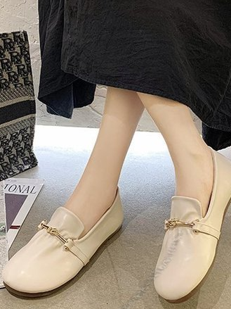 

Cute Round Toe Leather Daily Flats, Off white, Flats
