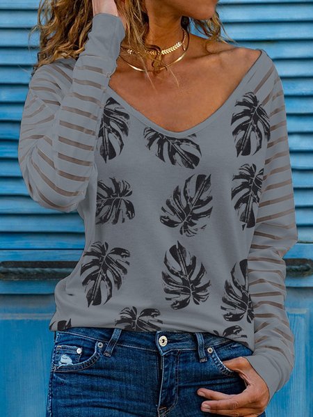 

Long Sleeve Printed Paneled Casual Shirts & Tops, Gray, Long sleeve tops