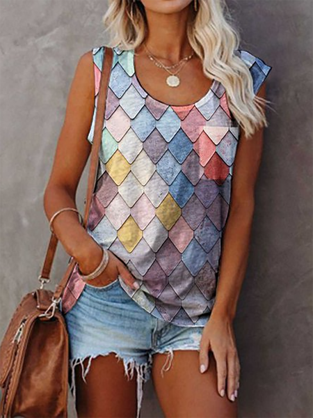

Round neck diamond print sleeveless T-shirt, Multicolor, Tank Tops & Camis