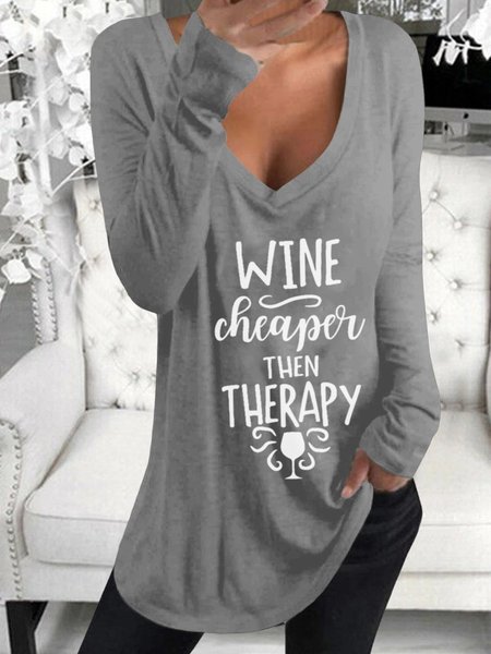 

Long Sleeve V Neck Plus Size Printed Tops T-Shirts, Gray, T-Shirts