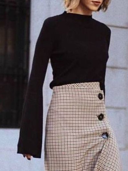 

Vintage Long Sleeve Stand Collar Shirt, Black, Tops