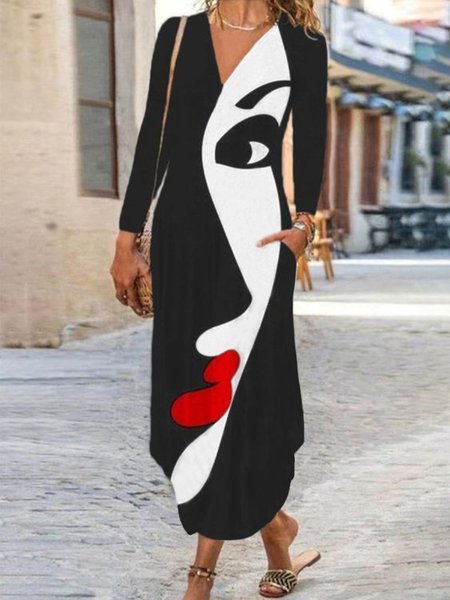 

Casuale Maniche Lunghe Scollo a V Stampato Abito, Nero, Dresses
