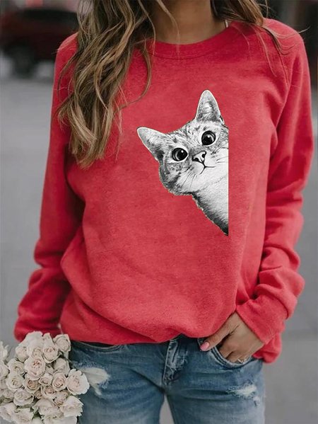 

Cat Print Casual Crew Neck Women Sweatshirts, Red, Hoodies&Sweatshirts