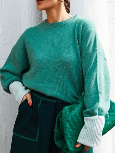

Fall Winter Shift A-line Long Sleeve Crew Neck Simple Daily Sweater, Green, Pullovers
