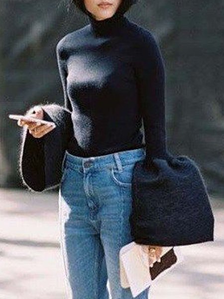 

Urban Solid Elegant Long Sleeve Sweater, Black, Pullovers
