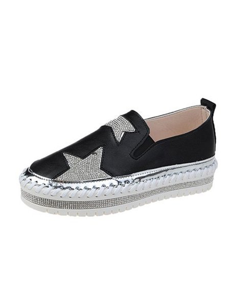 

Rhinestone Five-pointed Star Woven Platform Casual Shoes, Black, Flats & Loafers