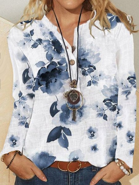 

Floral Buttoned Long Sleeve Boho Shirts & Tops, White, Long sleeve tops