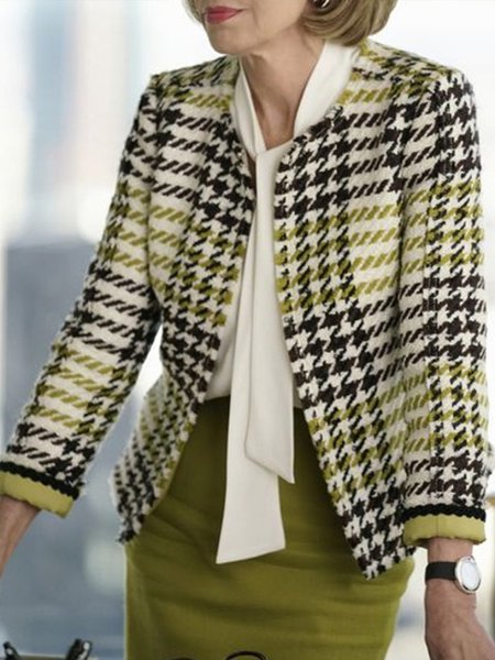 

Crew Neck Formal Elegant Shift Plaid Blazer, As picture, Blazers
