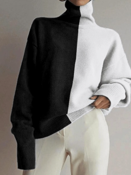 

Fall Turtleneck Simple Long Sleeve A-Line Color-block Daily Sweater, Black-white, Pullovers