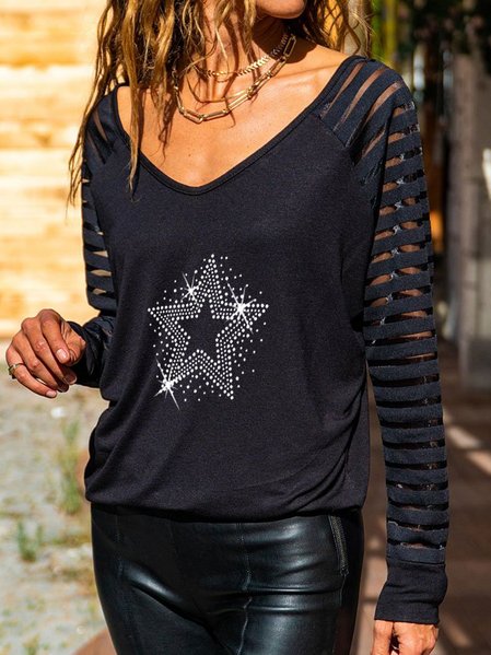 Long Sleeve Casual Cotton-Blend Star Shirts & Tops, Black, Long sleeve tops