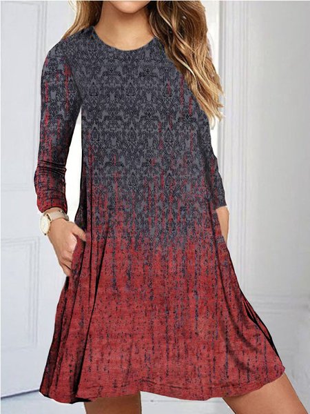 

Casual Crew Neck Long Sleeve Printed Knitting Dress, Red, Mini Dresses