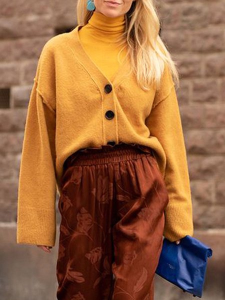 

Long Sleeve Woven Casual Sweater, Yellow, Cardigans