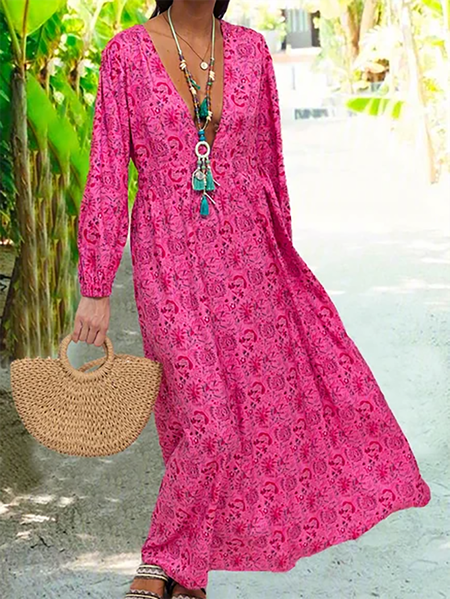 

taglia grande Donna Maniche Lunghe Scollo a V Vintag Floreale Casuale Maxi Gonna, Rosa, Summer dresses