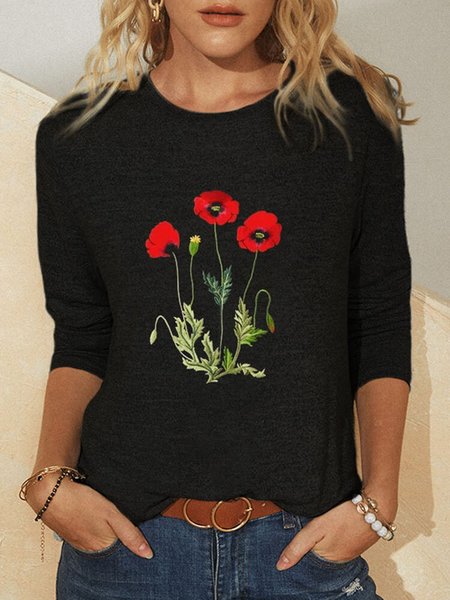 

Jersey Floral Casual Shirts & Tops, Black, Tees & T-shirts