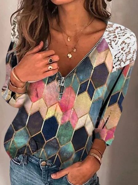 

V Neck Long Sleeve Work Shirts & Tops, As picture, Tops