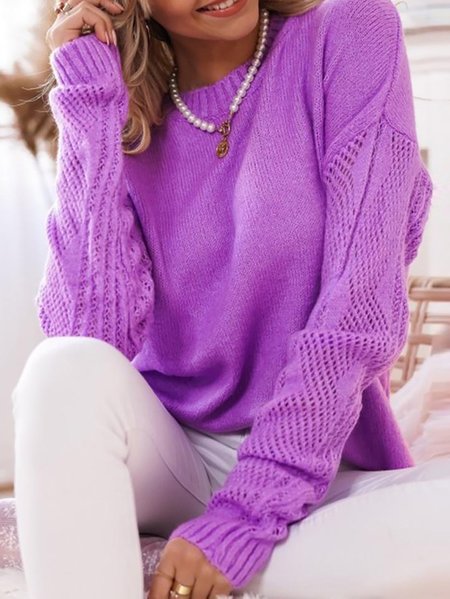 

Romantic Holiday Casual Solid Long Sleeve Round Neck Loose Purple Sweater, Sweaters & Cardigans