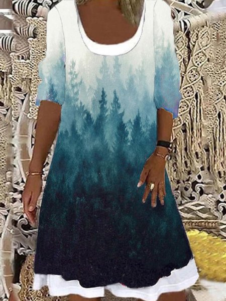 

Cotton-Blend Scenery Shift Long Sleeve Dresses, Blue, Tie dye dress