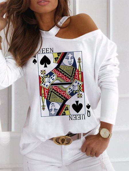 

Maniche Lunghe Stampato Casuale Una Spalla Top, Bianco, Blouses & Shirts