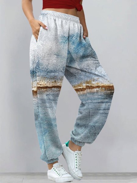 

Cotton-Blend Abstract Casual Pants, Blue, Pants