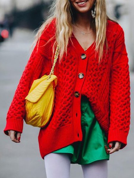 

Casual Long Sleeve V Neck Sweater, Red, Cardigans