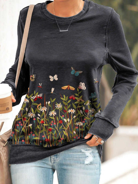 

Floral Casual Crew Neck Shirts & Tops, Black, Long sleeve tops