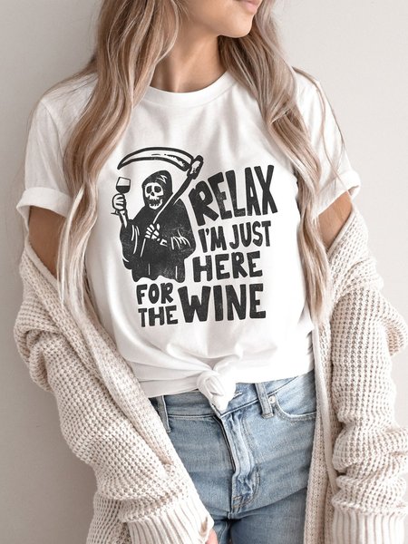 

Relax I'm Just Here For The Wine Women‘s Crew Neck Cotton-Blend Short Sleeve Shirts & Tops, White, T-shirts