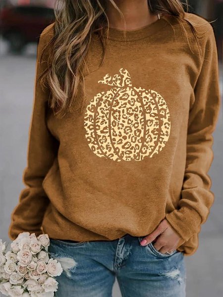 

Halloween Pumpkin Print Ladies Round Neck Sweatshirt, Khaki, Hoodies&Sweatshirts