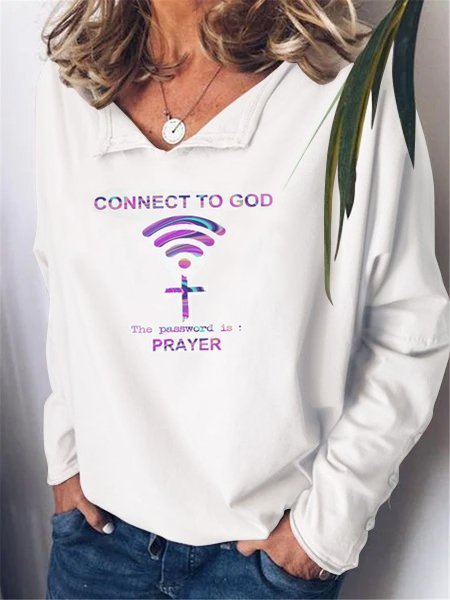 

CONNECT TO GOD, THE PASSWORD IS：PRAYER Printed notched collar long-sleeved cotton-blend top, White, Hoodies&Sweatshirts