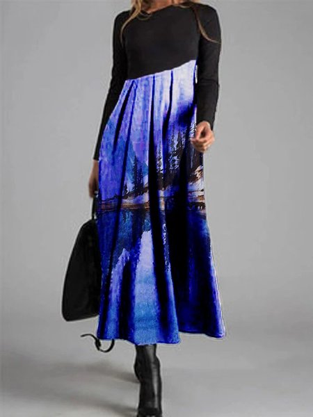 

Stitching Landscape Painting Long Sleeve Cotton-Blend Casual Dresses, As picture, Tie dye dress