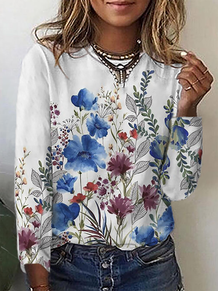 

Plus size Long Sleeve Floral Shirts & Tops, White, T-Shirts