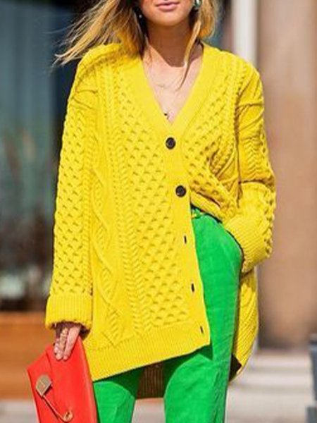 

Elegant Shift V Neck Sweater, Yellow, Cardigans