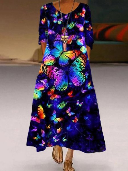 

Long Sleeve Vintage Cotton Dresses, Multicolor, Maxi Dresses