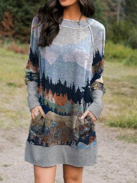 

Crew Neck Shift Long Sleeve Dresses, Gray, Tie dye dress