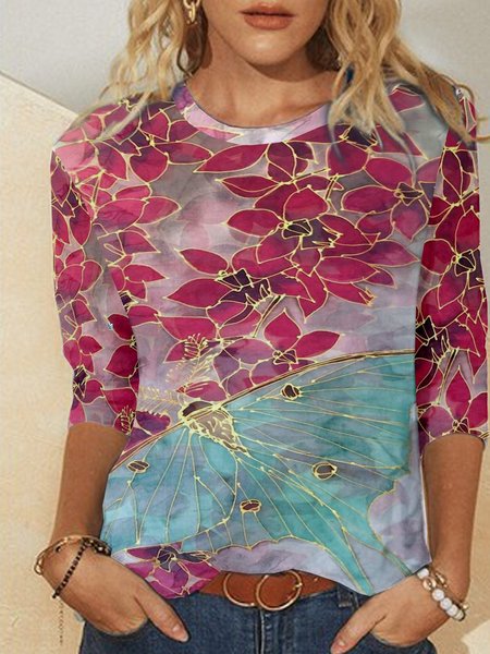 

Vintage Butterfly Floral Printed Long Sleeve Crew Neck Plus size Casual Tops, Multicolor, T-Shirts