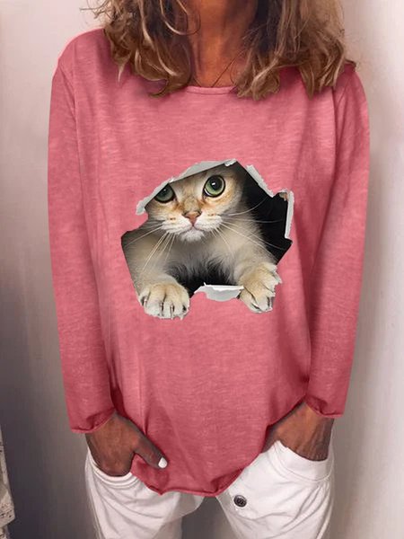 

3D Cat Graphic Long sleeve T-shirt, Pink, Hoodies&Sweatshirts